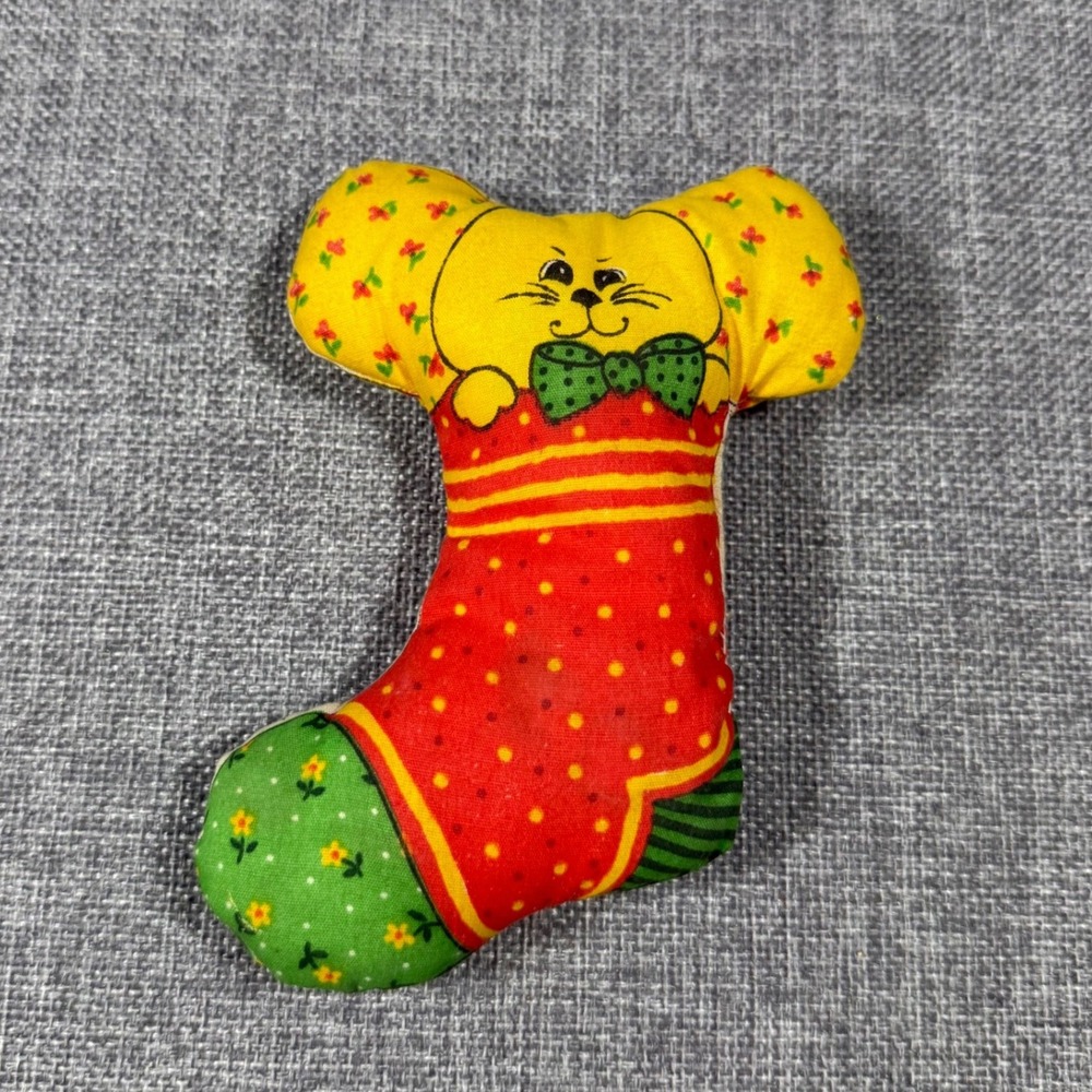 VTG 70s Handmade Cat Christmas Stocking Plush Ornament Toy Whimsy Kitsch Retro